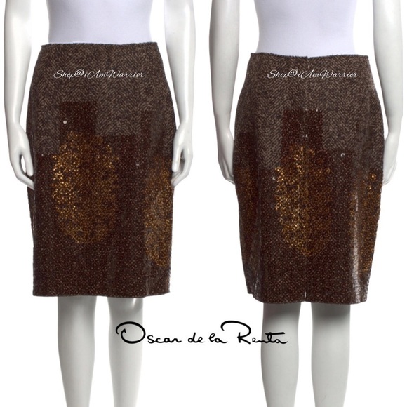 Oscar de la Renta RARE Fall 2008 runway chocolate sequin wool pencil skirt - Picture 7 of 13